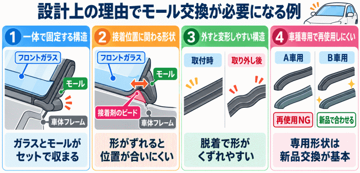 設計上の理由に依存するフロントガラス交換修理時のモール交換