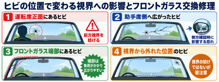 ヒビの位置で変わる視界への影響とフロントガラス交換修理